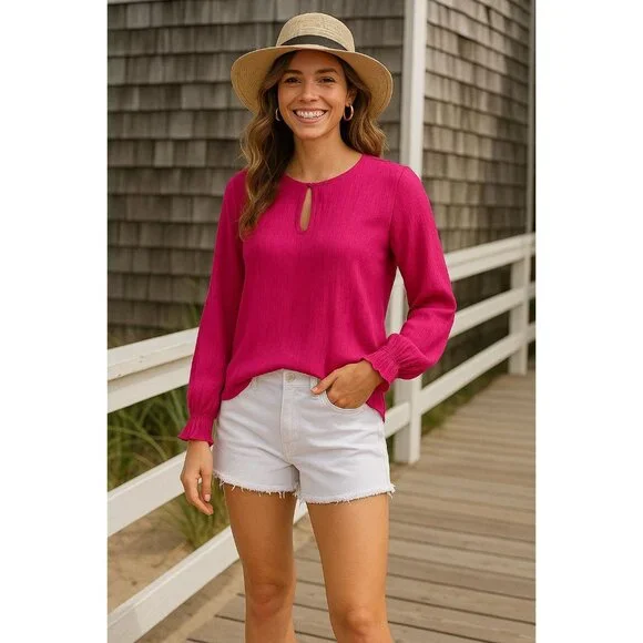 Simply Styled by Sears Sheer XL Fuschia Pink Long Sleeve Blouse Keyhole Neckline - Picture 1 of 10